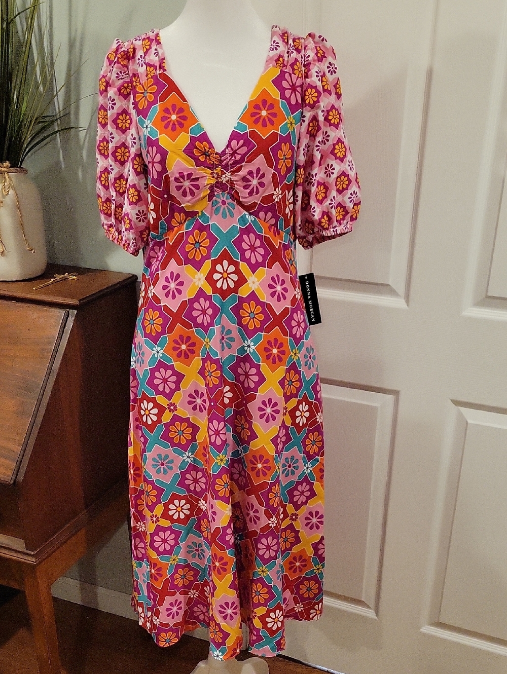 Donna Morgan Multicolor Floral Geo Midi Dress in Pink, Orange, Teal & Purple - Picture 2 of 14